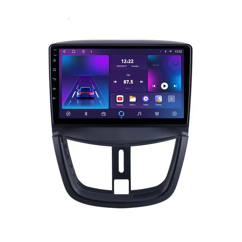 Black 9 inch Android car stereo with touchscreen display for Peugeot 207 featuring six configuration options