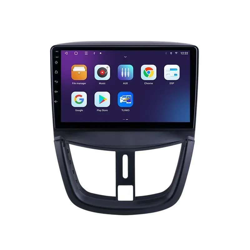 Black 9 inch Android car stereo with touchscreen display for Peugeot 207 featuring six configuration options