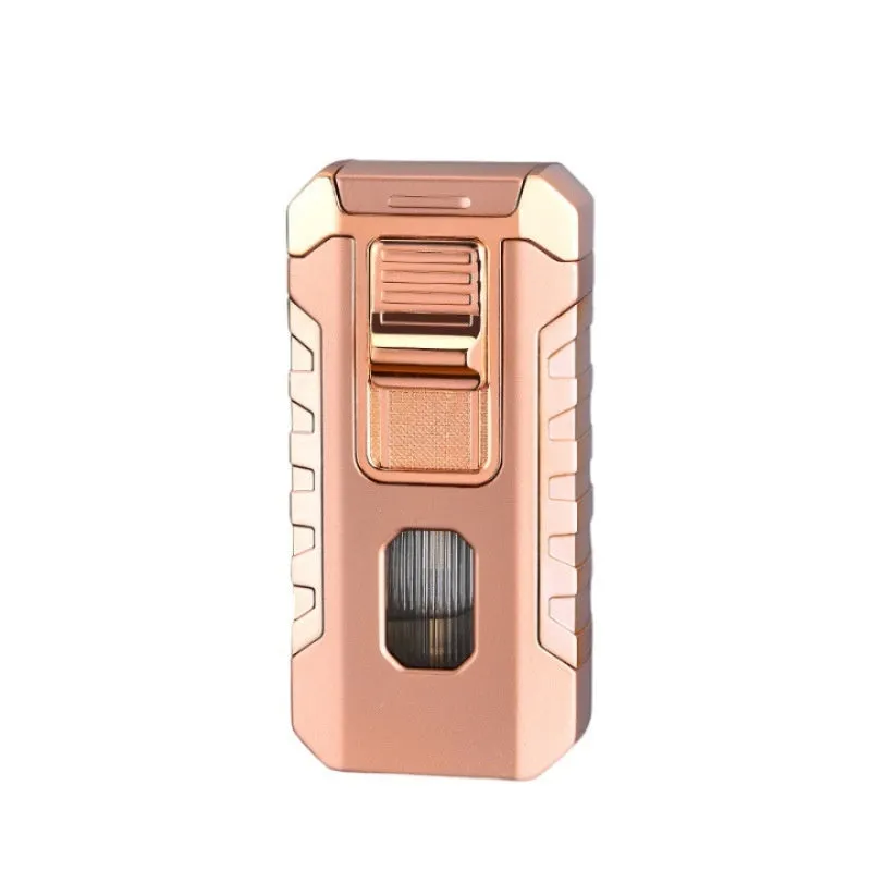 Metal three-fire straight blue flame cigar lighter in black with wind-resistant design