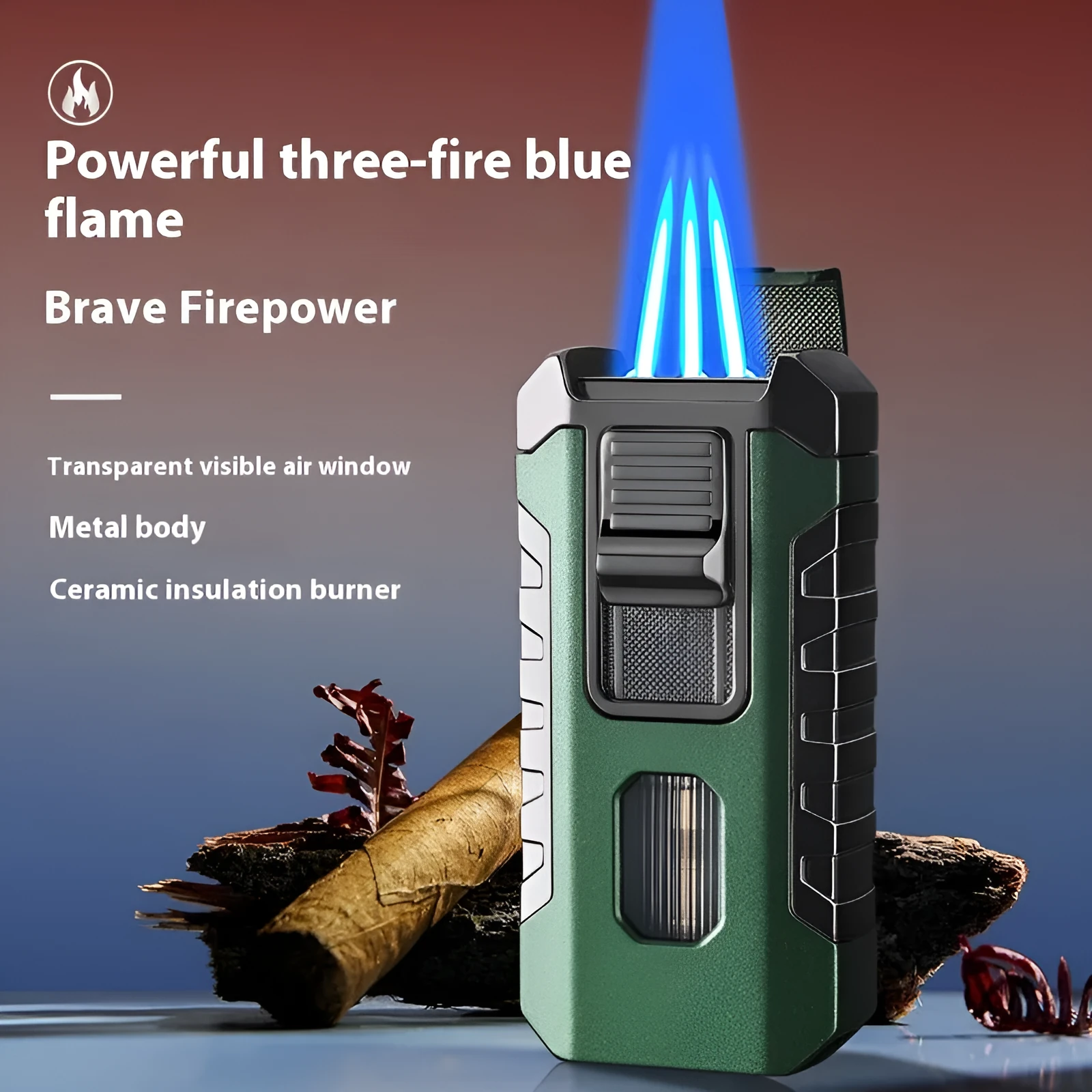 Metal three-fire straight blue flame cigar lighter in black with wind-resistant design