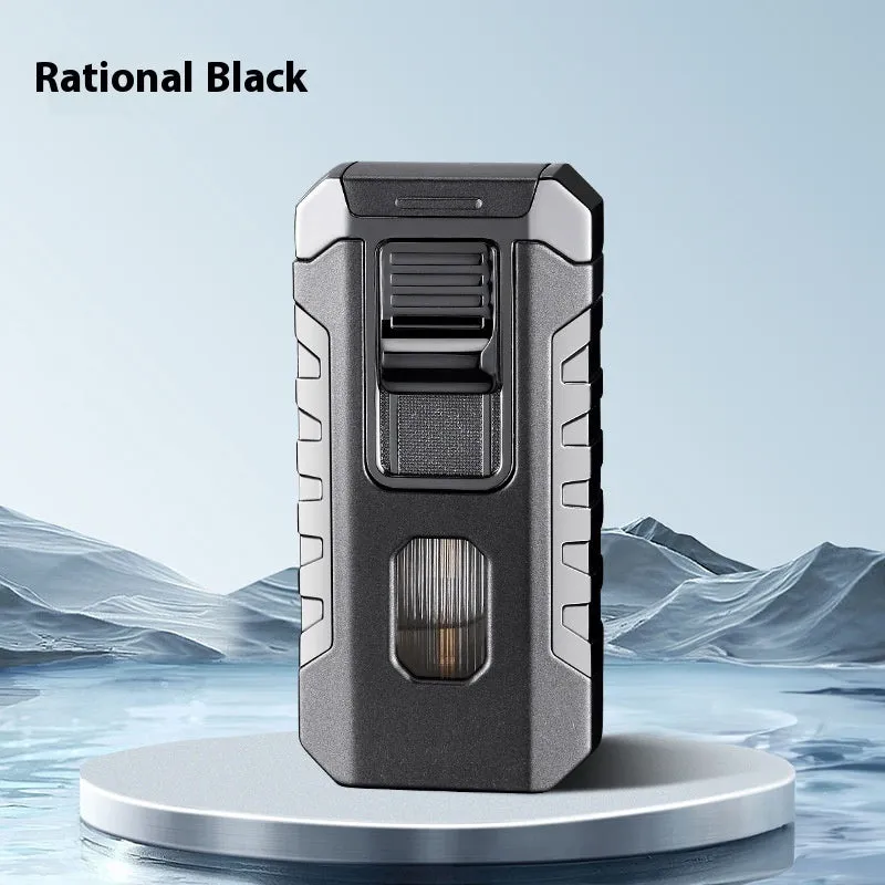 Metal three-fire straight blue flame cigar lighter in black with wind-resistant design