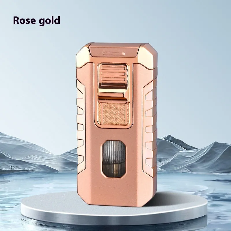 Metal three-fire straight blue flame cigar lighter in black with wind-resistant design