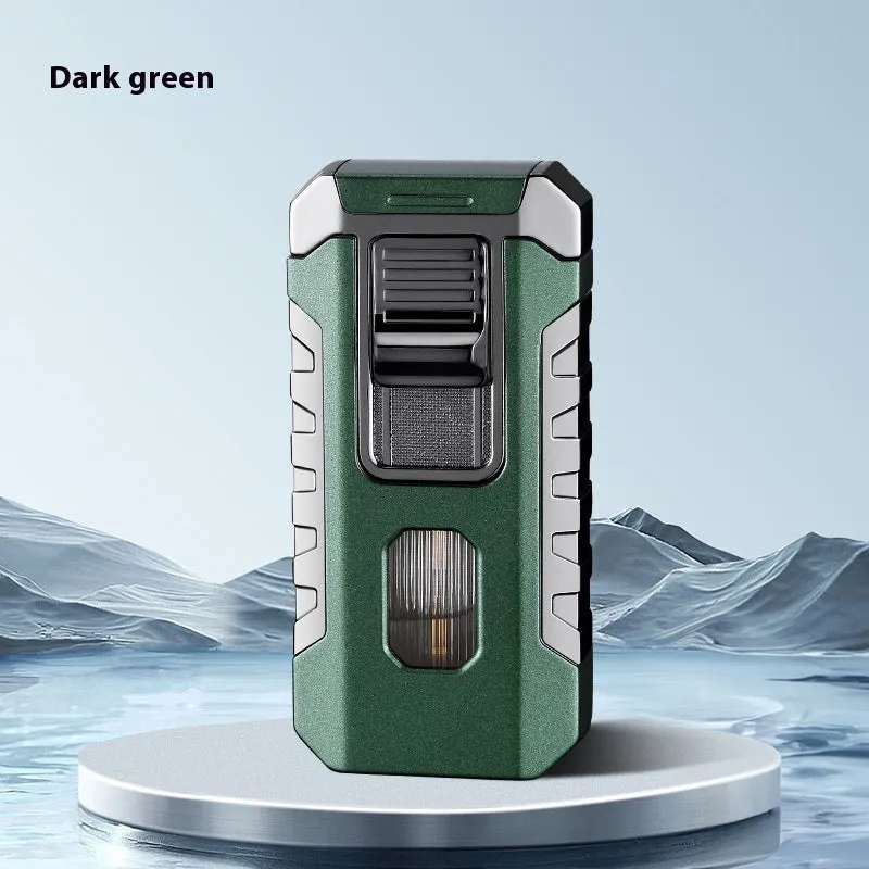 Metal three-fire straight blue flame cigar lighter in black with wind-resistant design