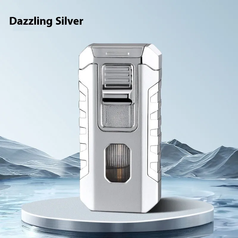 Metal three-fire straight blue flame cigar lighter in black with wind-resistant design