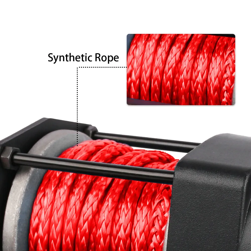 Black electric winch with nylon rope on off-road vehicle for self-rescue