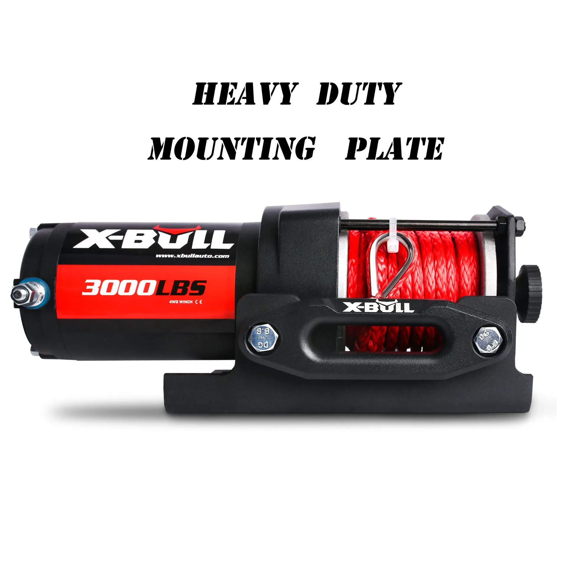 Black electric winch with nylon rope on off-road vehicle for self-rescue