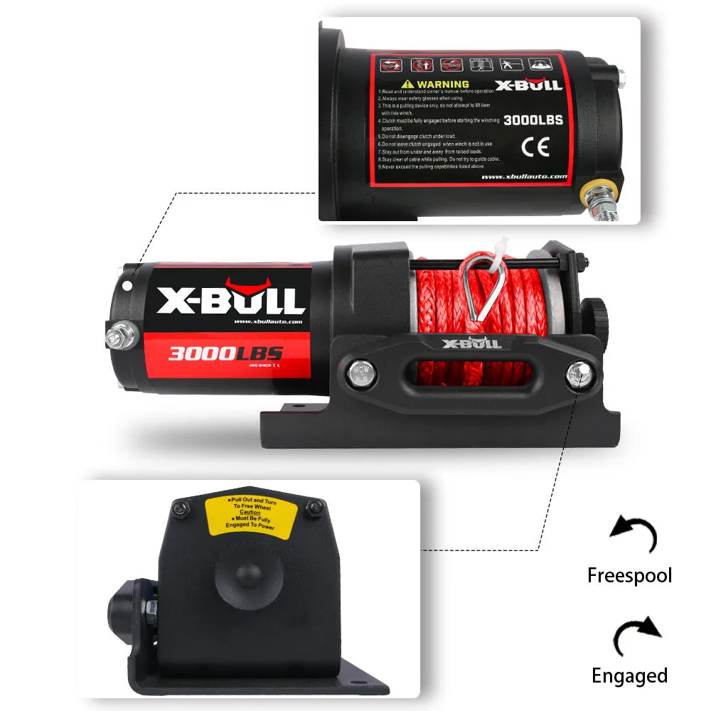 Black electric winch with nylon rope on off-road vehicle for self-rescue