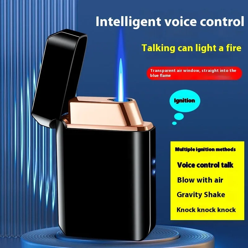 Voice-controlled Blow-and-blow Ignition Torch Lighter with Metal Construction, Wind Resistance, Available in Black Ice, Gold Brushed, Blue Ice, Nickel Brushed, Silver Brushed, HT-2303 Gift Box Set for Everyday Use