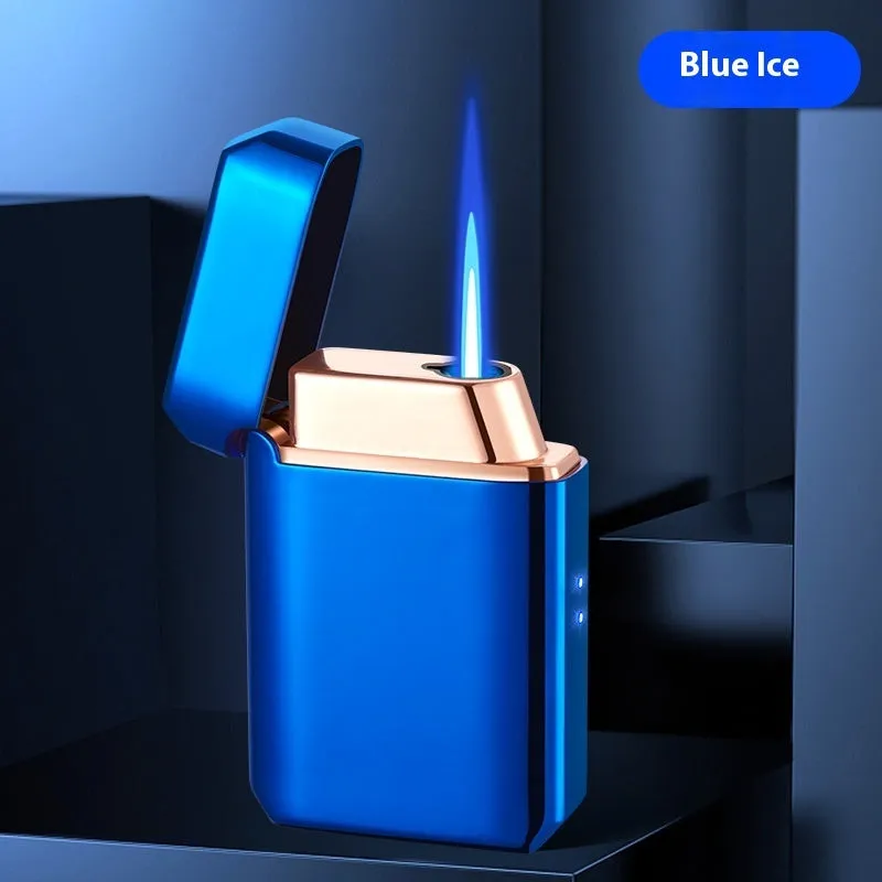 Voice-controlled Blow-and-blow Ignition Torch Lighter with Metal Construction, Wind Resistance, Available in Black Ice, Gold Brushed, Blue Ice, Nickel Brushed, Silver Brushed, HT-2303 Gift Box Set for Everyday Use