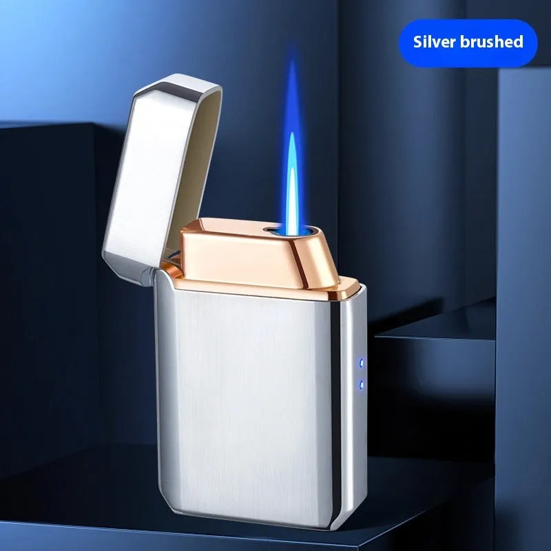 Voice-controlled Blow-and-blow Ignition Torch Lighter with Metal Construction, Wind Resistance, Available in Black Ice, Gold Brushed, Blue Ice, Nickel Brushed, Silver Brushed, HT-2303 Gift Box Set for Everyday Use