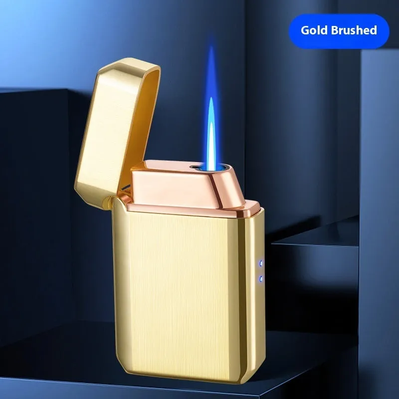 Voice-controlled Blow-and-blow Ignition Torch Lighter with Metal Construction, Wind Resistance, Available in Black Ice, Gold Brushed, Blue Ice, Nickel Brushed, Silver Brushed, HT-2303 Gift Box Set for Everyday Use