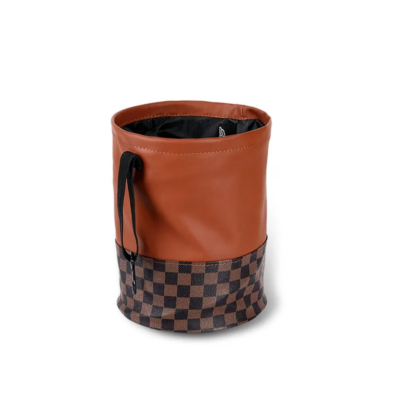 Retractable leather car bin in folded and expanded states showing handle and waterproof construction