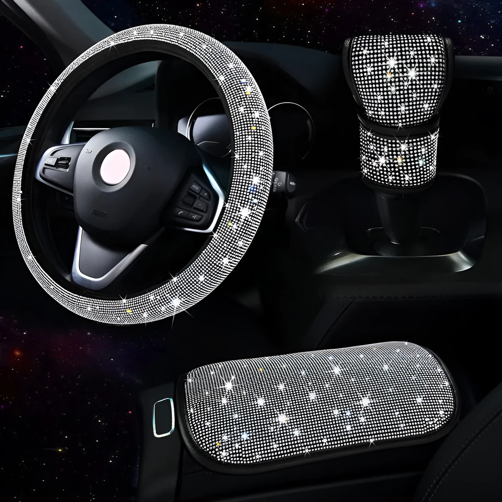 Polyester car interior decoration set including steering wheel cover gear cover and armrest mat in black red white colour options