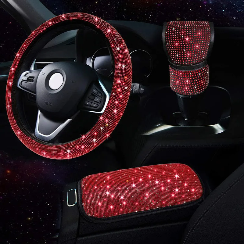 Polyester car interior decoration set including steering wheel cover gear cover and armrest mat in black red white colour options