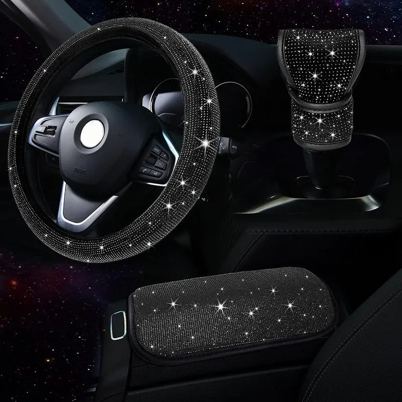 Polyester car interior decoration set including steering wheel cover gear cover and armrest mat in black red white colour options