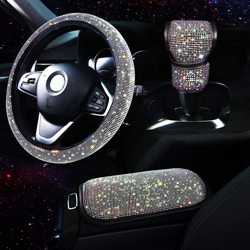 Polyester car interior decoration set including steering wheel cover gear cover and armrest mat in black red white colour options
