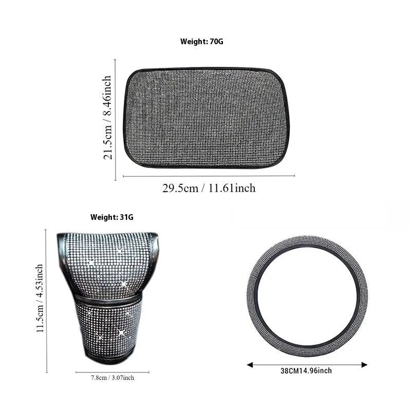 Polyester car interior decoration set including steering wheel cover gear cover and armrest mat in black red white colour options