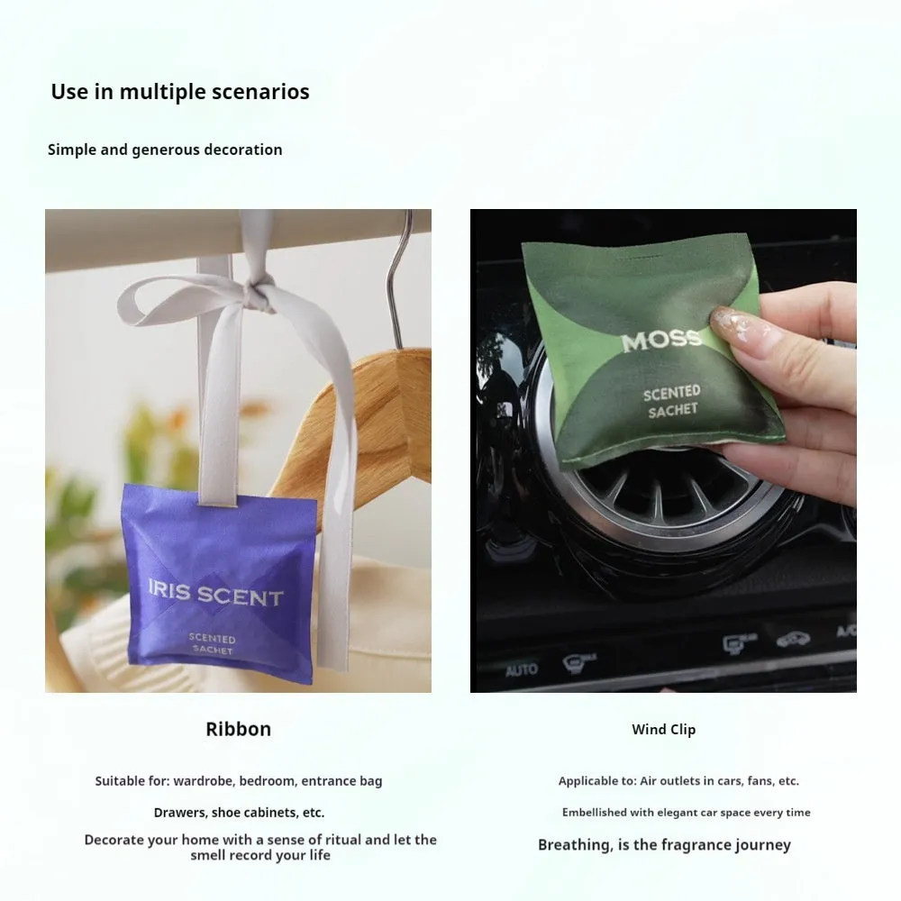 Fenmeiyi car vent aromatherapy sachet in gift box with magnet clip and ribbon, 7x7 cm