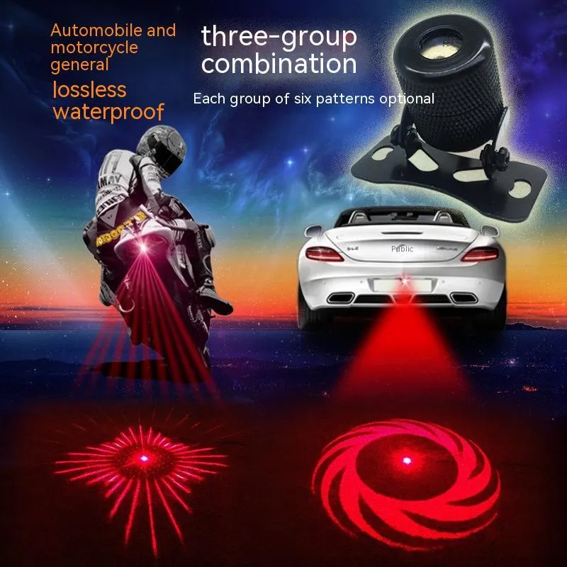 Aluminium housing laser fog lamp with red beam, showing adjustable mount and wiring for 12-24V vehicles.