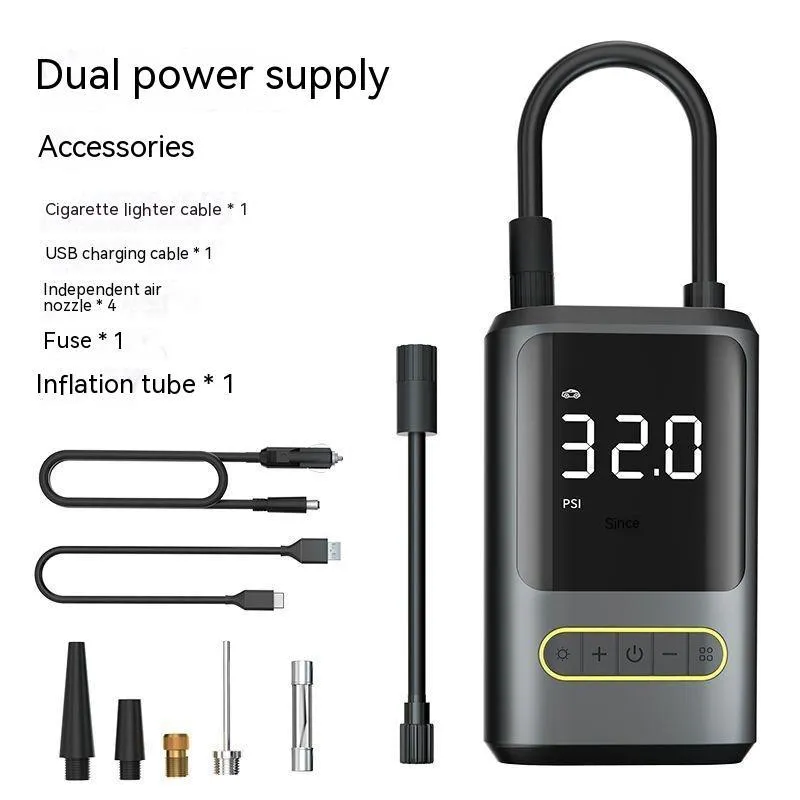Handheld wireless digital display car air pump with LED light on black ABS body.