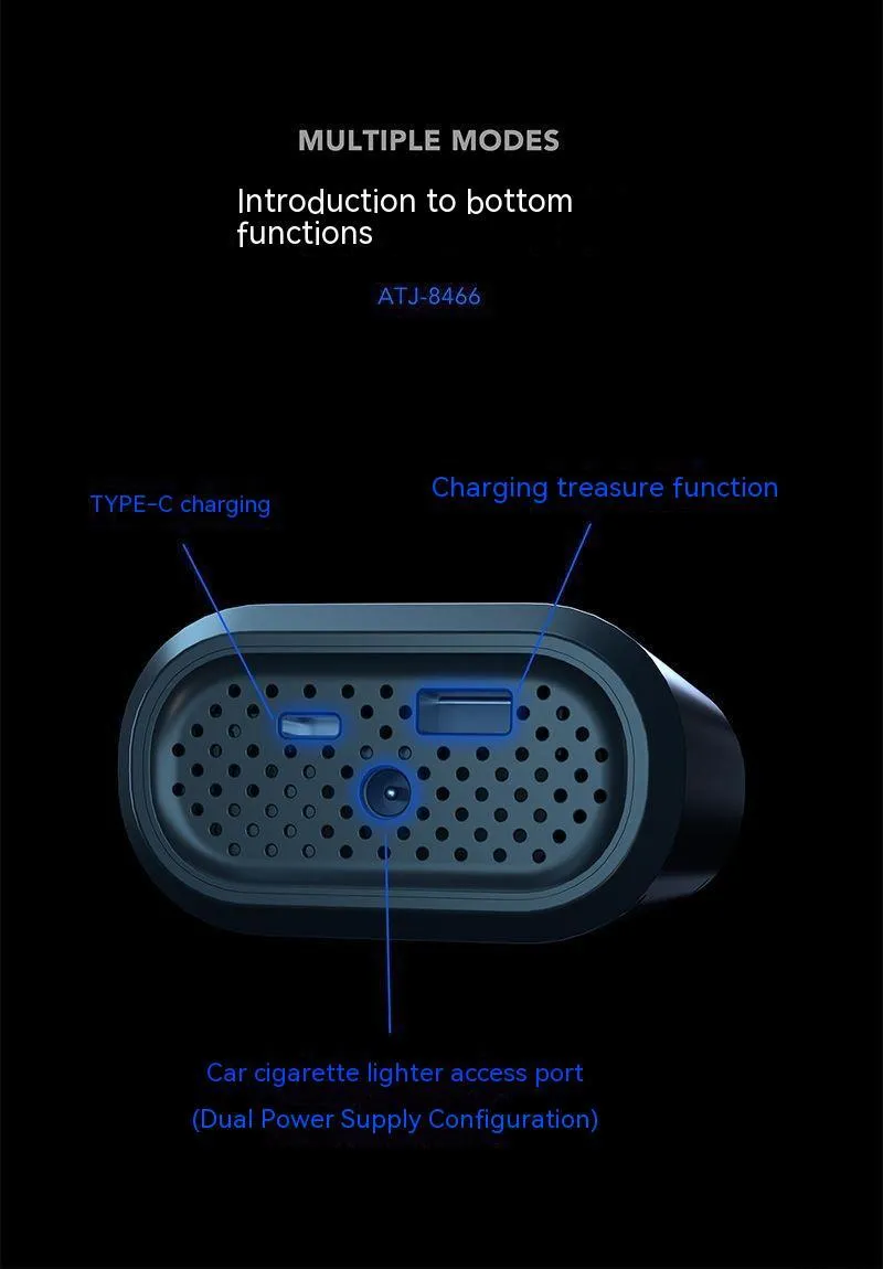 Handheld wireless digital display car air pump with LED light on black ABS body.