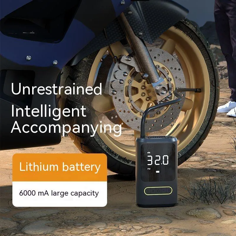 Handheld wireless digital display car air pump with LED light on black ABS body.