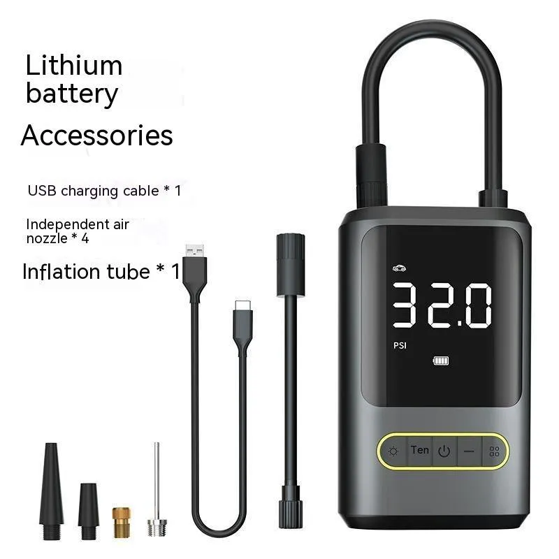 Handheld wireless digital display car air pump with LED light on black ABS body.