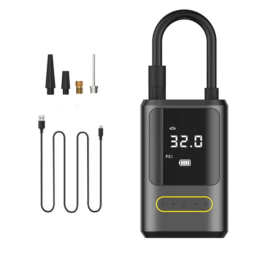 Handheld wireless digital display car air pump with LED light on black ABS body.