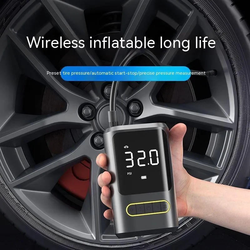 Handheld wireless digital display car air pump with LED light on black ABS body.