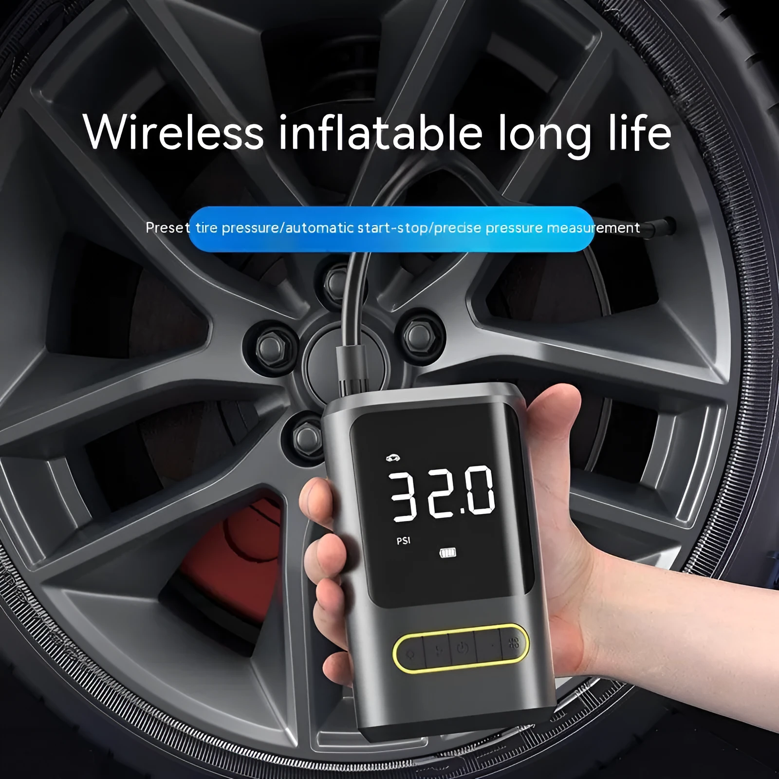 Handheld wireless digital display car air pump with LED light on black ABS body.