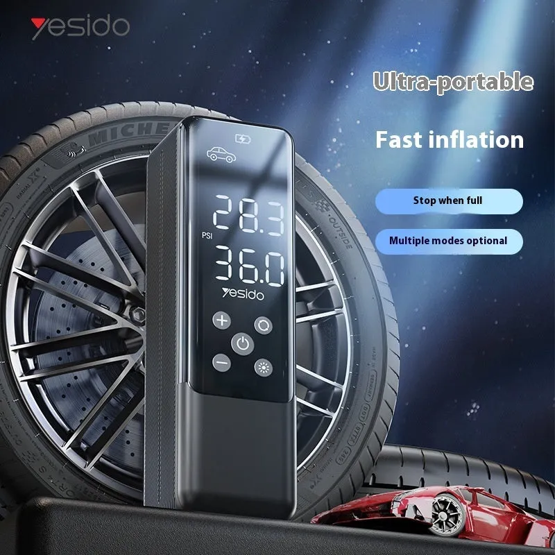 Portable 12V car tyre inflator pump in black with LED light and pressure gauge, model VC05
