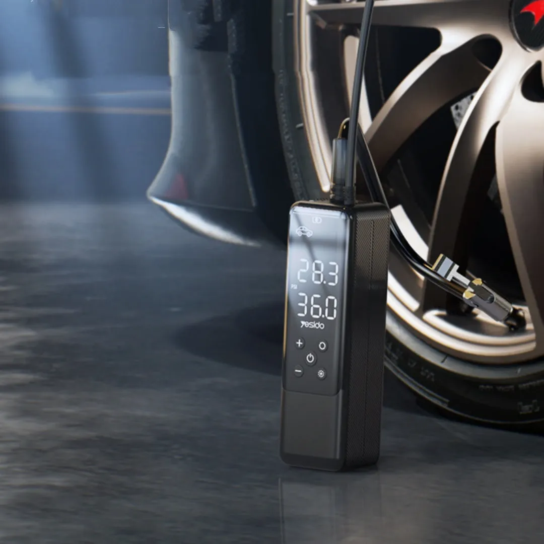 Portable 12V car tyre inflator pump in black with LED light and pressure gauge, model VC05