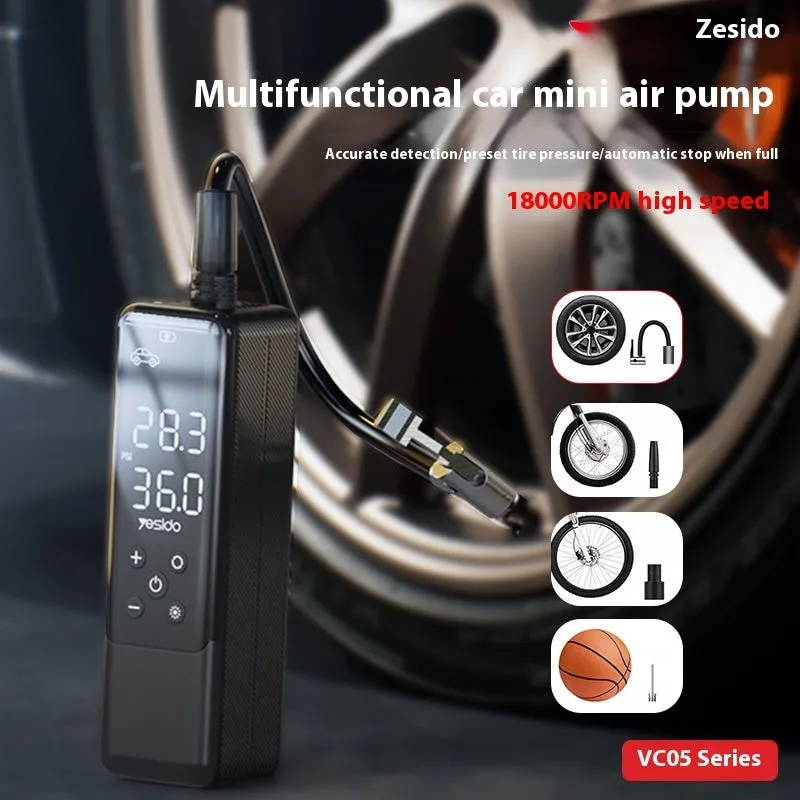 Portable 12V car tyre inflator pump in black with LED light and pressure gauge, model VC05