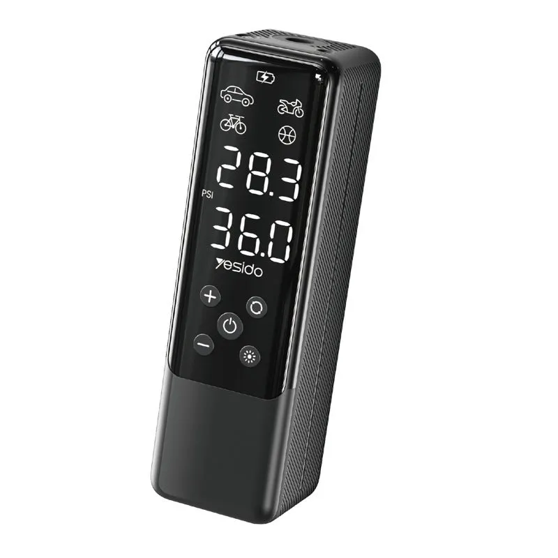 Portable 12V car tyre inflator pump in black with LED light and pressure gauge, model VC05