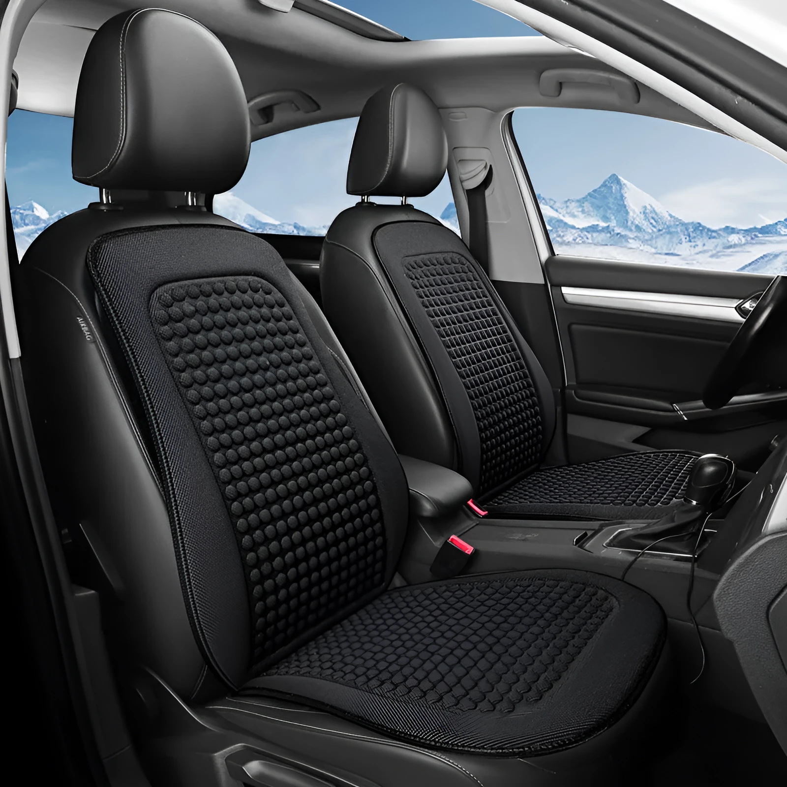Cool Silk tie-free car seat cushion with massage function in carbon black for single seat
