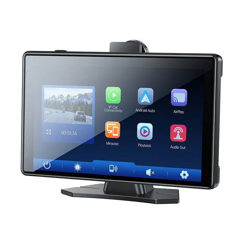 Black KM18 vehicle navigation unit with 9-inch capacitive touch screen, front and rear dual cameras, tempered glass 2.5D display