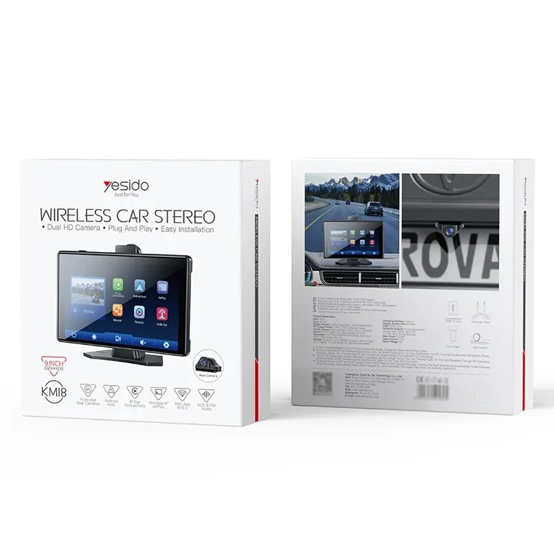 Black KM18 vehicle navigation unit with 9-inch capacitive touch screen, front and rear dual cameras, tempered glass 2.5D display