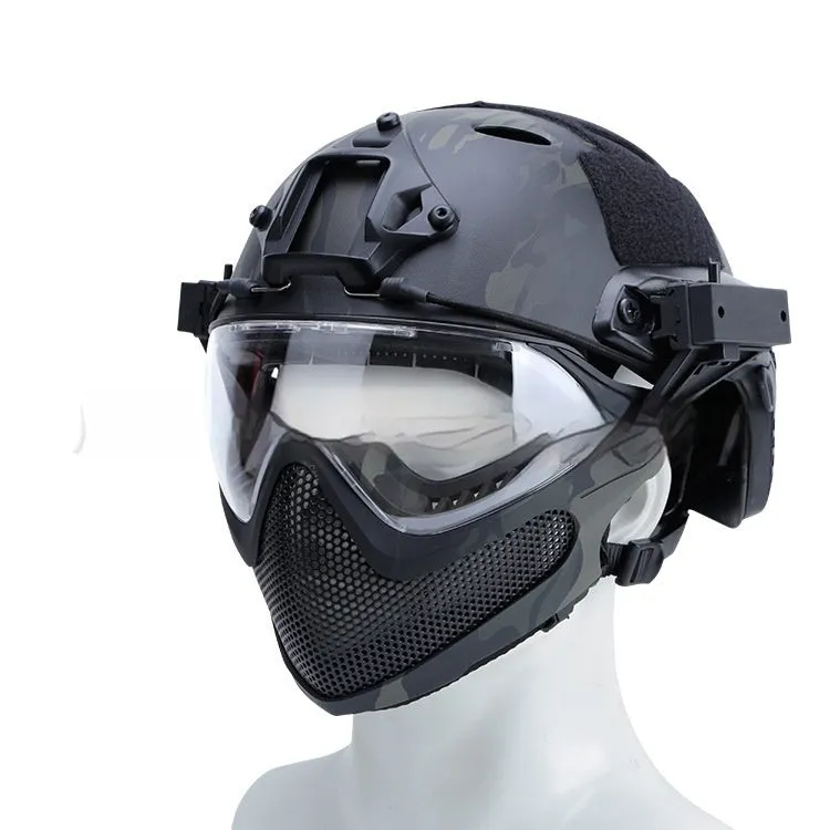 Simple loading and unloading ABS integrated mask helmet in solid black colour