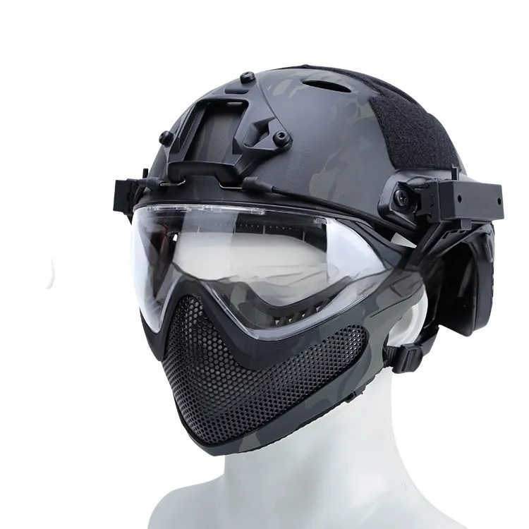 Simple loading and unloading ABS integrated mask helmet in solid black colour