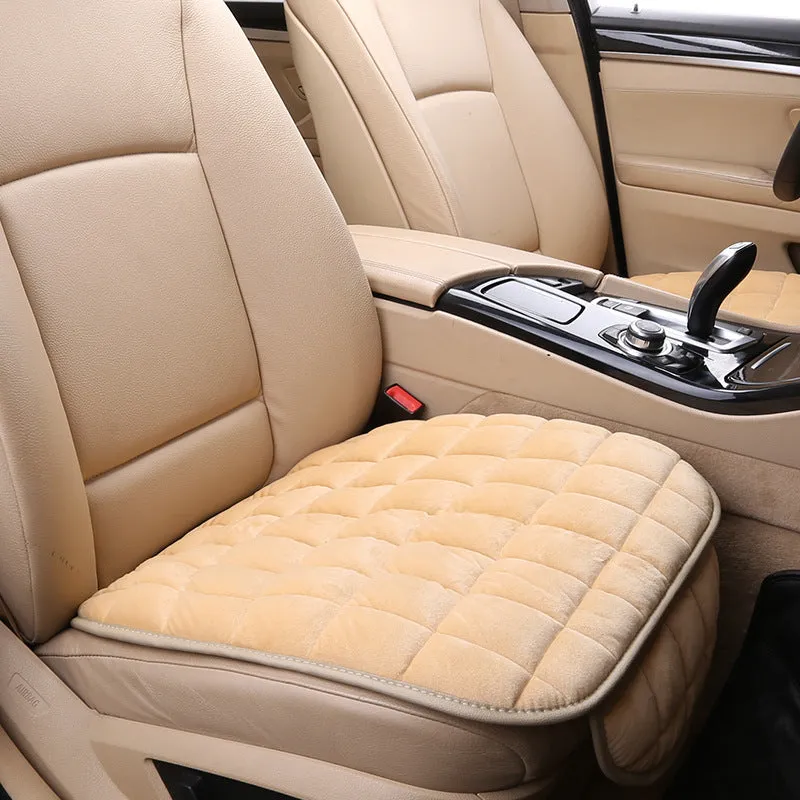 Plush car seat cushion three-piece set in brown, non-slip design without backrest