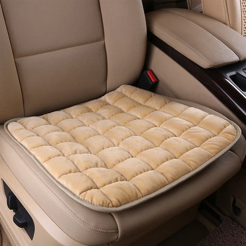 Plush car seat cushion three-piece set in brown, non-slip design without backrest