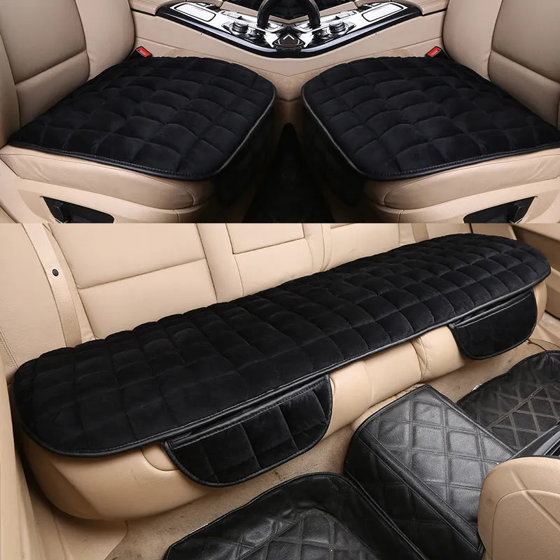 Plush car seat cushion three-piece set in brown, non-slip design without backrest