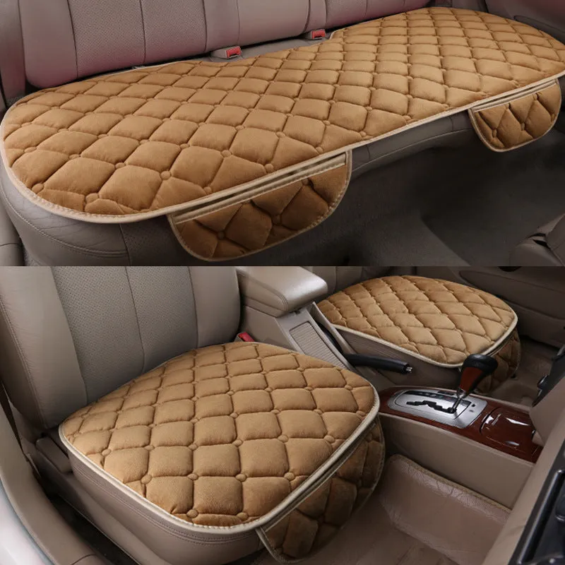 Plush car seat cushion three-piece set in brown, non-slip design without backrest