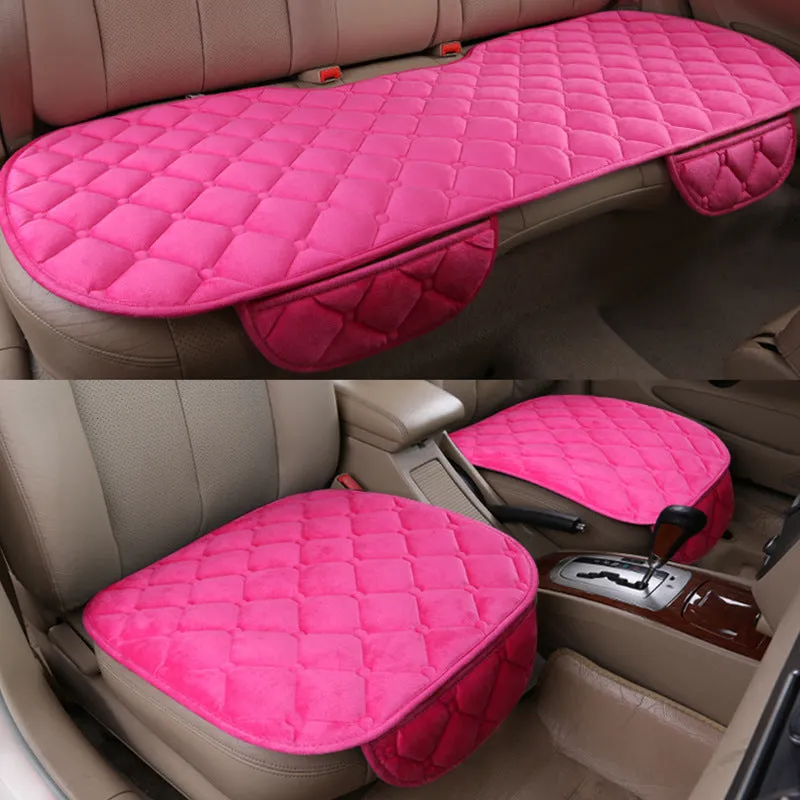 Plush car seat cushion three-piece set in brown, non-slip design without backrest