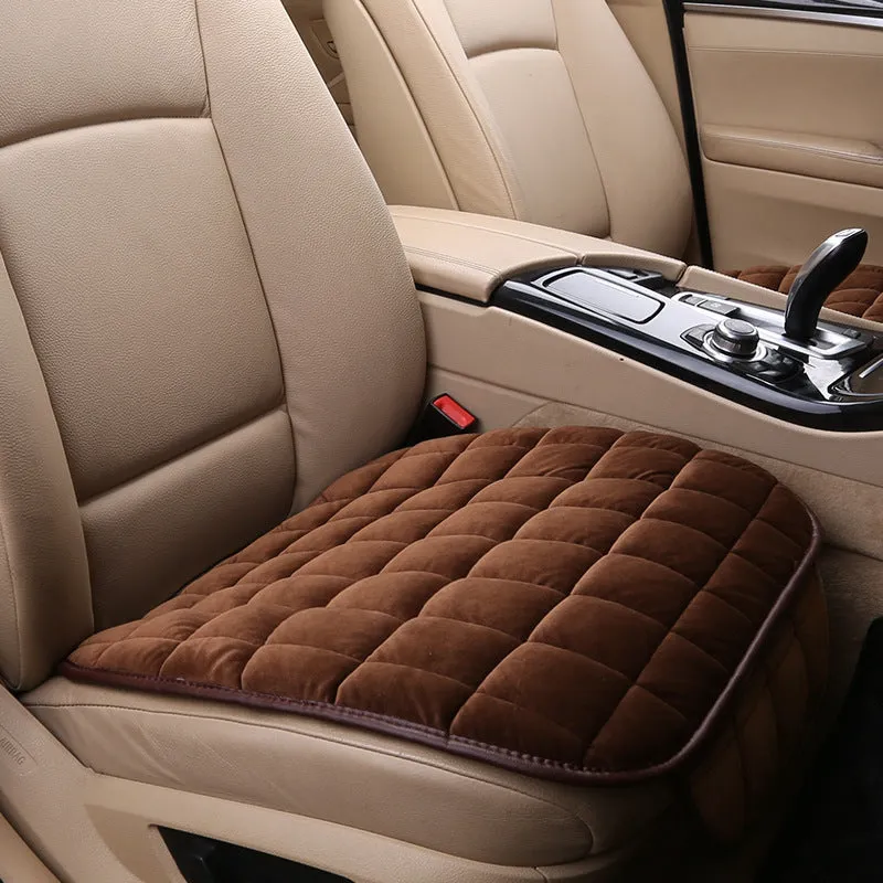 Plush car seat cushion three-piece set in brown, non-slip design without backrest