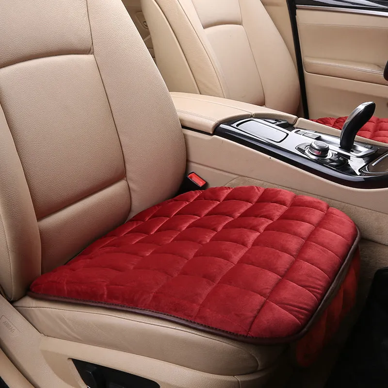 Plush car seat cushion three-piece set in brown, non-slip design without backrest