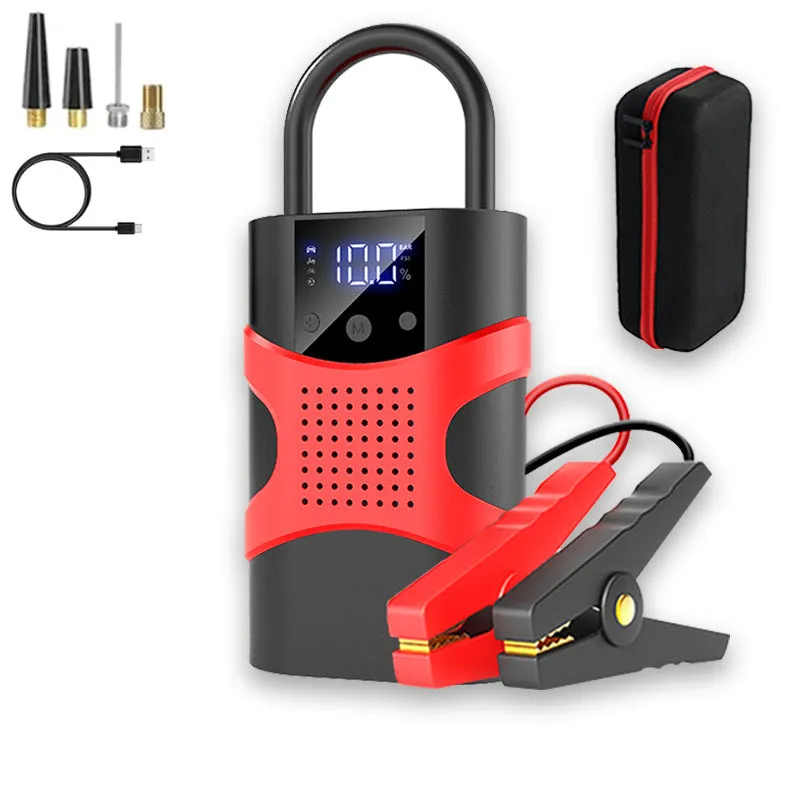 Portable automobile emergency start power source with digital display and electric air pump