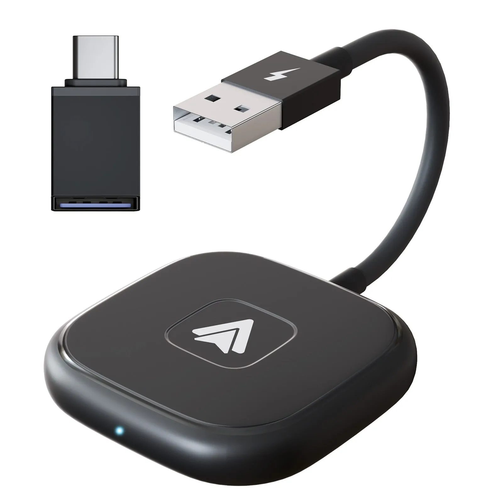 Car wireless Android adaptor for CarPlay systems in black and white colour options.