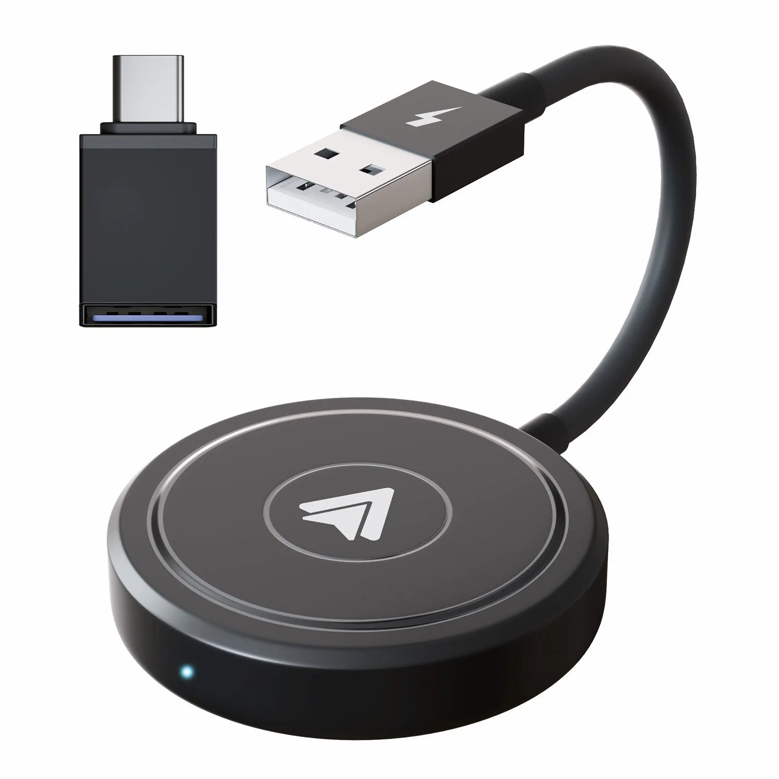 Car wireless Android adaptor for CarPlay systems in black and white colour options.