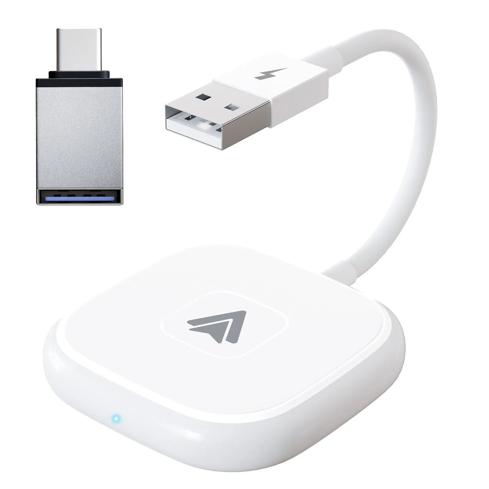 Car wireless Android adaptor for CarPlay systems in black and white colour options.